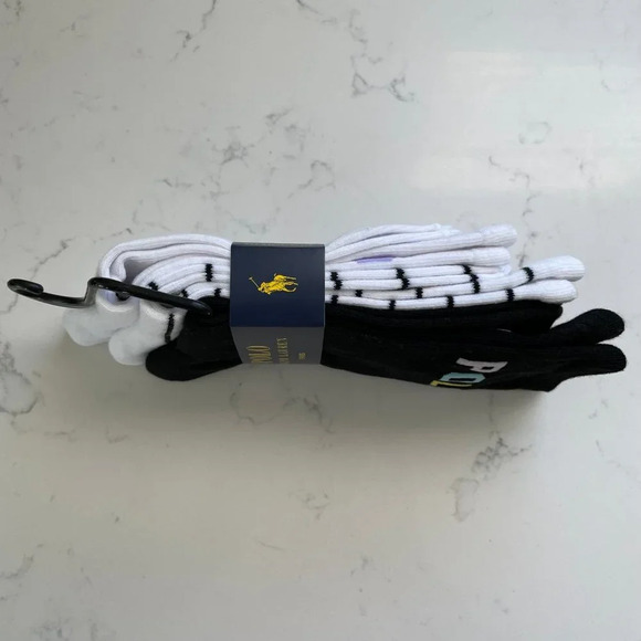 Polo Ralph Lauren 3 Pairs Polyester Spdex Socks Blk Wht Multi Color Logo OS NWT - Picture 4 of 7